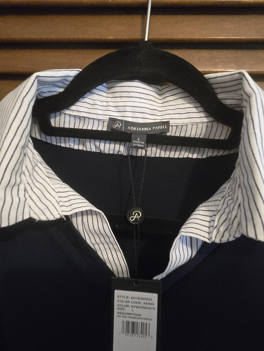 Adrianna Papell Navy Layered V-Neck Sweater Vest with Striped Shirt - Picture 4 of 4